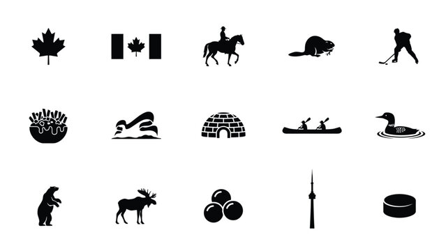 Canada themed black flat vector icons representing culture nature and iconic symbols.