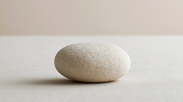 A single smooth beige stone sits on a neutral background representing zen and simplicity