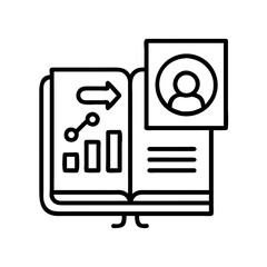 Fototapeta premium Person reading analytics from an open book icon - A clear vector icon showing a person studying data charts in an open book, symbolizing learning and analysis.