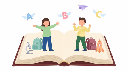 Happy children on open book with flying letters, education and imagination concept