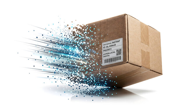 A cardboard box dissolving into digital pixels against a white background&mdash;a metaphor for instant digital logistics and hyperlocal delivery. Created using AI.
