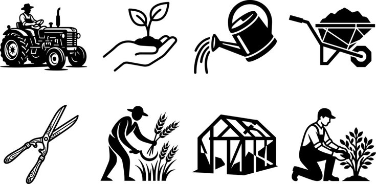Agriculture and gardening icon set featuring tractor planting sprout watering can wheelbarrow pruning shears greenhouse and harvesting farmer in image_fdd9fb.png
