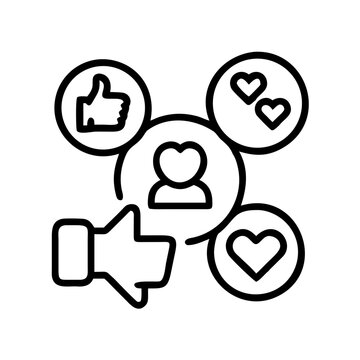 Social media interaction icons with thumbs up and hearts - Minimalist black and white icons showing thumbs up, hearts, and user profile for social media engagement and feedback.