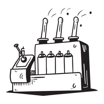 Flat solid black silhouette of a brick coke oven battery with tall chimney stack and pusher ram machine