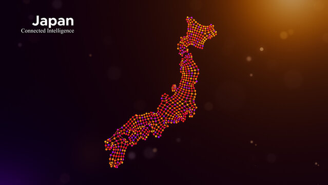 Japan connected intelligence concept featuring a neural network map, colorful connected nodes, and modern typography over a glowing purple and orange technology background.