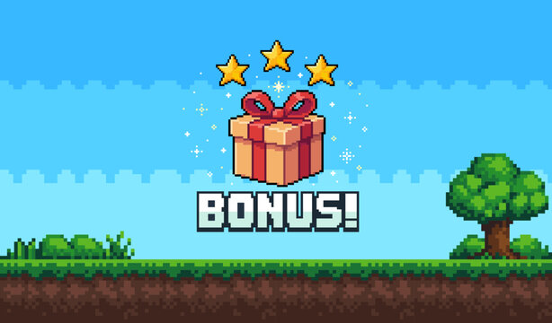 Pixel art game bonus reward screen with gift box and stars. Game design concept in retro style. Vector illustration eps 10