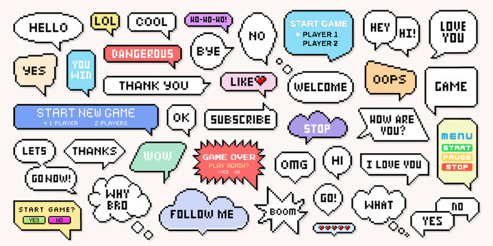 8 bit pixel dialogue box or speech bubble with comic text and video game icon. Mobile or computer gaming interface, menu button and message frame in star or cloud shape. Business paper sticker symbol.