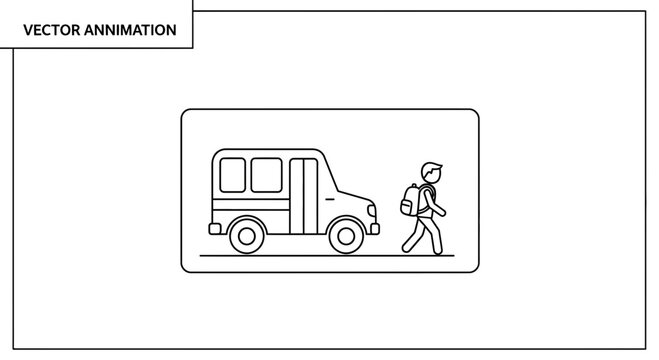 School Bus Stop Animation: Student with Backpack Boards Vehicle