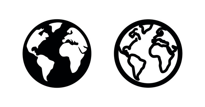 Globe or world map icon in filled and outline style. Global communication, travel, and international symbol.