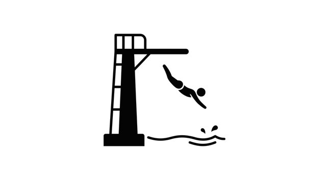 Diver Icon Silhouette Jumping into Water from Diving Board