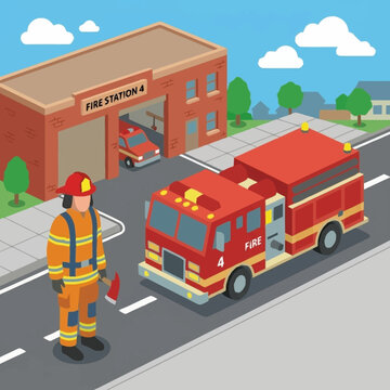 Firefighter standing next to fire truck.