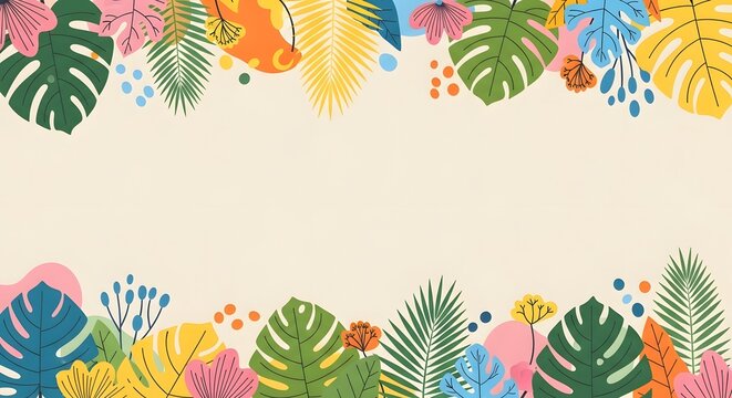Tropical leaf background design with colorful botanical elements. Summer season and nature concept. Artistic border frame made of various tropical leaves and flowers on a neutral background