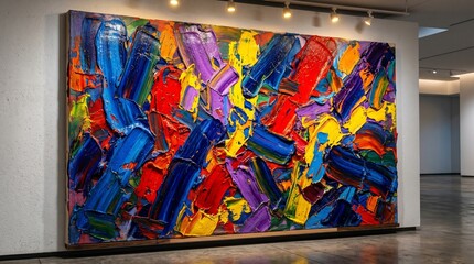 Fototapeta premium Vibrant abstract painting with bold colors on display in a modern gallery.