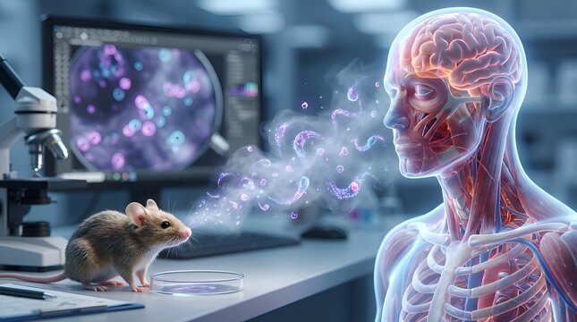 Brain research concept with mouse, computer, and human model