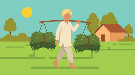 Indian farmer carrying hay on a yoke in a rural village landscape © Mountain Top Studio
