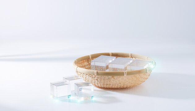 竹かごに入った透明なデータキューブとサステナブルな情報管理