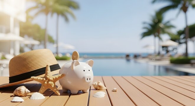Piggy bank savings for vacation fund. Financial planning and travel budget goals. Ceramic pig with coin on wooden deck with straw hat and seashells at poolside