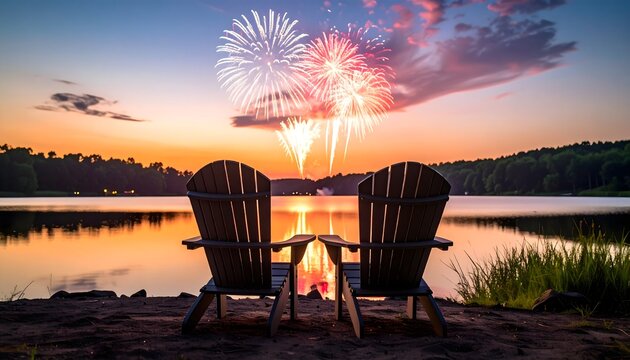 Dos sillas junto a un lago al atardecer con fuegos artificiales en el cielo y ambiente festivo de verano
