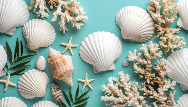 Conchas marinas blancas, estrellas de mar y coral sobre fondo turquesa en una composici&oacute;n decorativa de verano y playa
