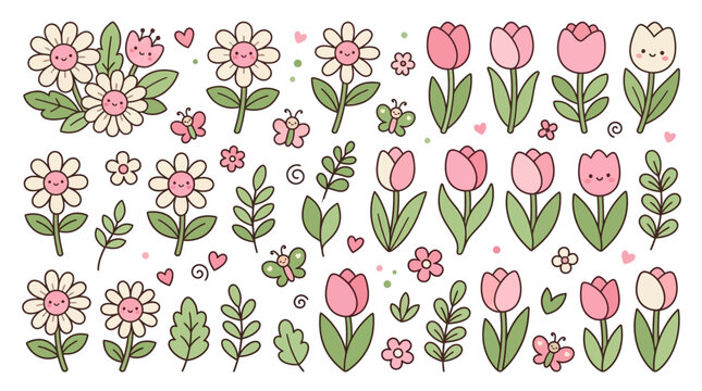 Collection of pink flowers and leaves.