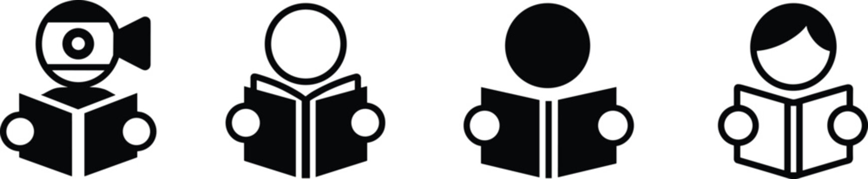 Black and white person reading book icons set for education student study library online learning vectors