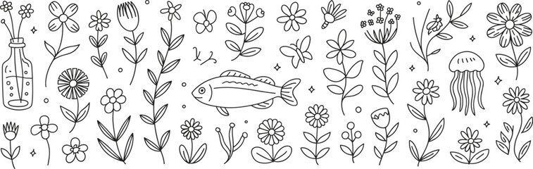 Cute doodle flower and nature elements set with fish jellyfish and bottle vector for kids coloring books © Yesrath Hasan