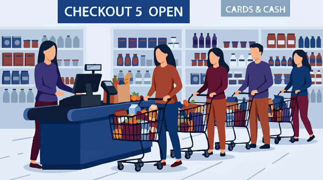 People waiting in line at a supermarket checkout with groceries and cashier