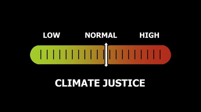 climate justice level indicator scale. Low normal & high meter infographic animation. Showing high climate justice level color gauge indicator. on a black background 4k animation video