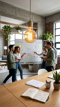 Diverse team collaborating in an office, ideating with a whiteboard and notes, symbolizing teamwork and business growth