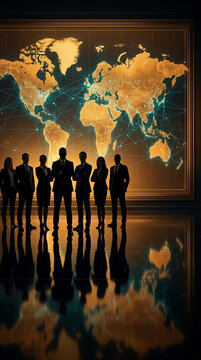 Silhouetted business professionals stand before a glowing world map, symbolizing global connection and business strategy