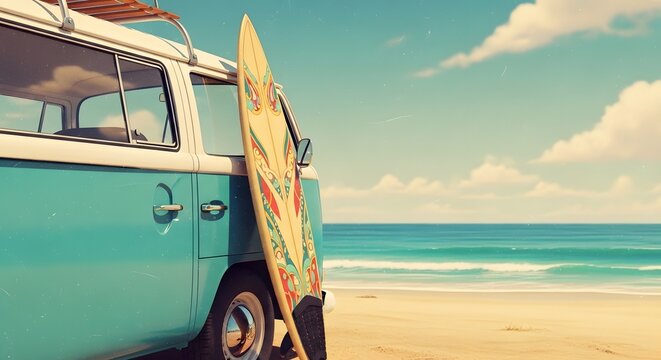 Retro surfboard leaning against a vintage van. Summer road trip and beach adventure. Classic camper van parked on a sandy beach by the ocean
