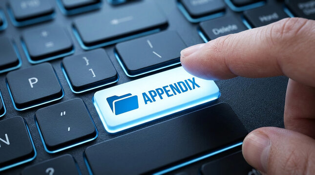 Finger presses illuminated keyboard key with folder icon and "APPENDIX" text, representing access to supplementary information or data management, concept for digital content.