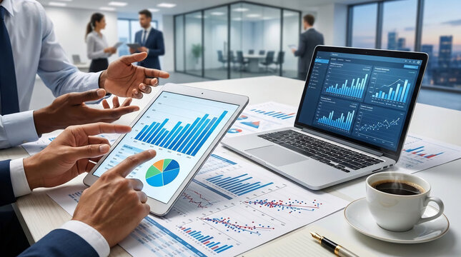 Business meeting with charts, laptop and coffee, symbolizing productivity, analysis, and success in a modern office setting