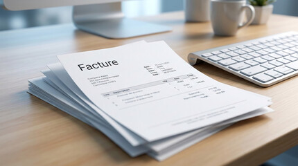 Obraz premium A stack of invoices and a keyboard on a wooden desk, representing business transactions and financial record-keeping, suitable for office use or accounting themes