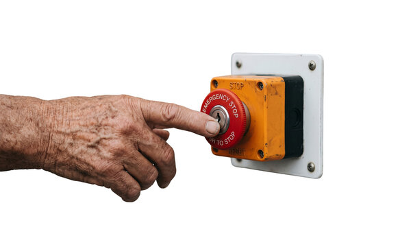 Industrial emergency stop button with senior hand, red panic switch for machinery safety, worker finger pressing urgent kill switch for hazard prevention isolated on Transparent Background