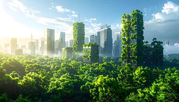 Ciudad verde futurista con rascacielos cubiertos de vegetaci&oacute;n y bosque urbano como concepto de sostenibilidad