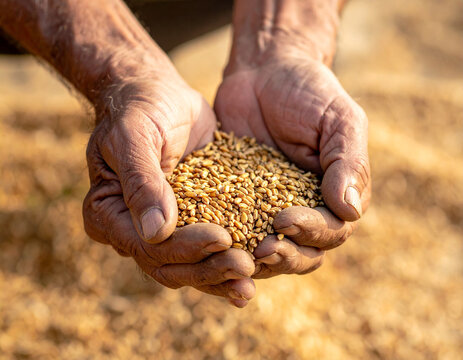 Manos de campesino llenas de granos de cebada concepto de agricultura tradicional, cosecha agr&iacute;cola,, producci&oacute;n de cerveza alimentaci&oacute;n, trabajo y desarrollo rural sostenible