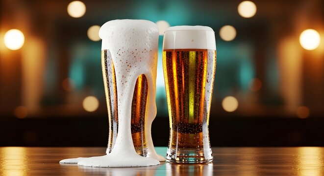 Two glasses of fresh golden beer with thick foam. Pub nightlife and social relaxation. Beer pouring into a glass with bubbles on a wooden bar counter