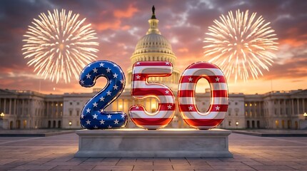 Fototapeta premium United States Capitol building with fireworks in sky and 250 balloons celebrating America's 250th anniversary patriotic holiday celebration liberty and freedom.