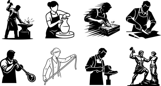 Set of traditional craftsmen black silhouette vector icons featuring blacksmith pottery woodcarver leatherworker glassblower tailor shoemaker and sculptor elements