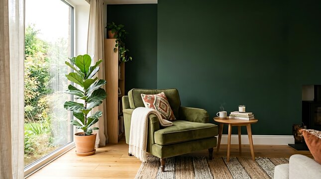 Cozy living room interior with green accent chair and fiddle leaf fig