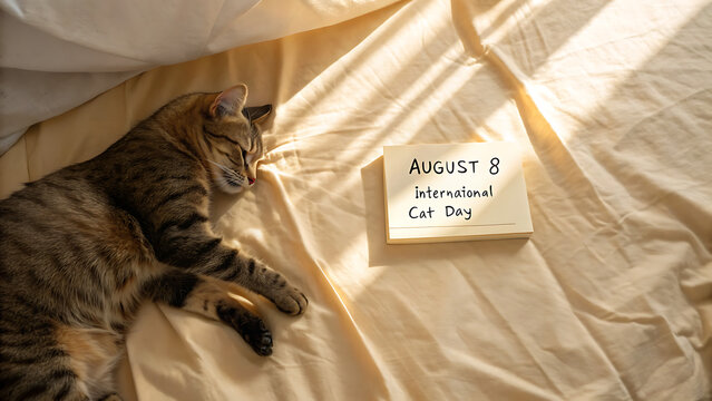 Cute tabby cat sleeping on a bed next to a calendar card for International Cat Day on August 8