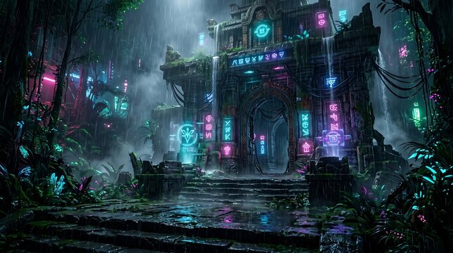 Ancient ruins in lush jungle with cascading waterfalls and neon futuristic lights.