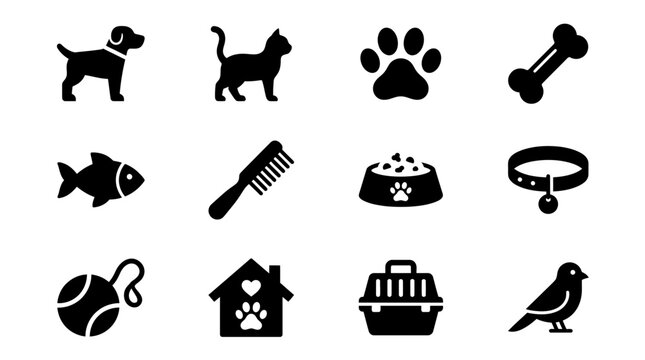 Pet Care Icons Set: Dog, Cat, Bone, Fish, Grooming, Food, Collar, Toy, House, Carrier, Bird