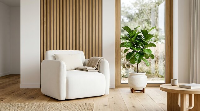 Minimalist living room interior with cream armchair and fiddle leaf fig tree