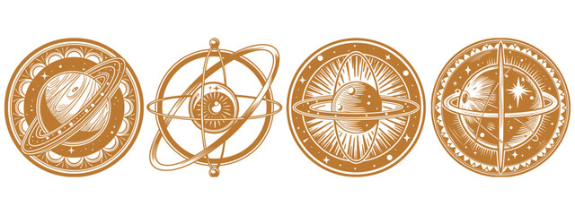 Mystical celestial astrology symbols with planets rings. © md