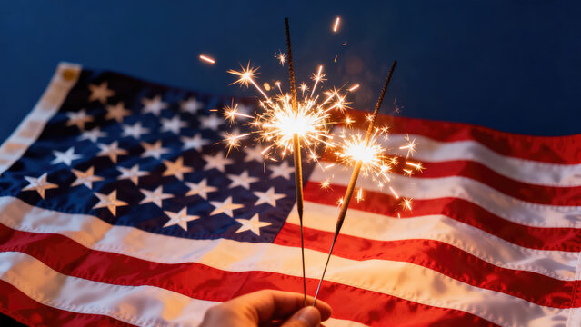 Sparkling sparklers lit in front of the american flag for independence day celebrations