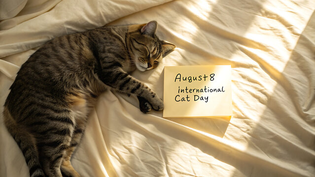 Cute tabby cat sleeping on a bed next to a calendar card for International Cat Day on August 8