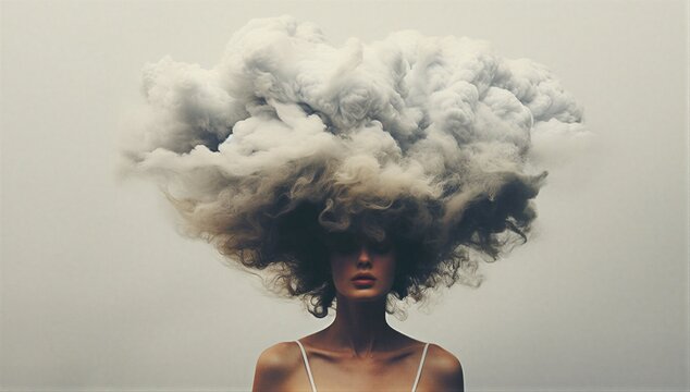 Solitary person with cloudlike hair rising into turbulent vapor, symbolizing deep state of depression and mental anguish.