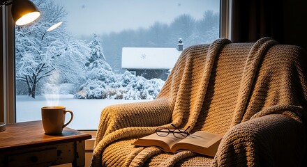 Obraz premium Cozy armchair with blanket and book by snowy window with steaming mug on side table